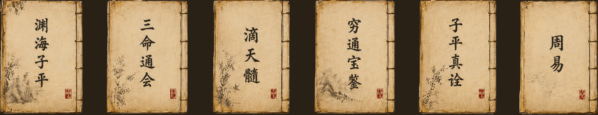 命理经典古籍书封展示：渊海子平、三命通会、滴天髓、穷通宝鉴、子平真诠、周易